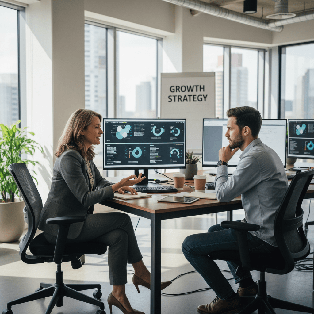 Business advisor talking candidly with a startup founder in a bright office