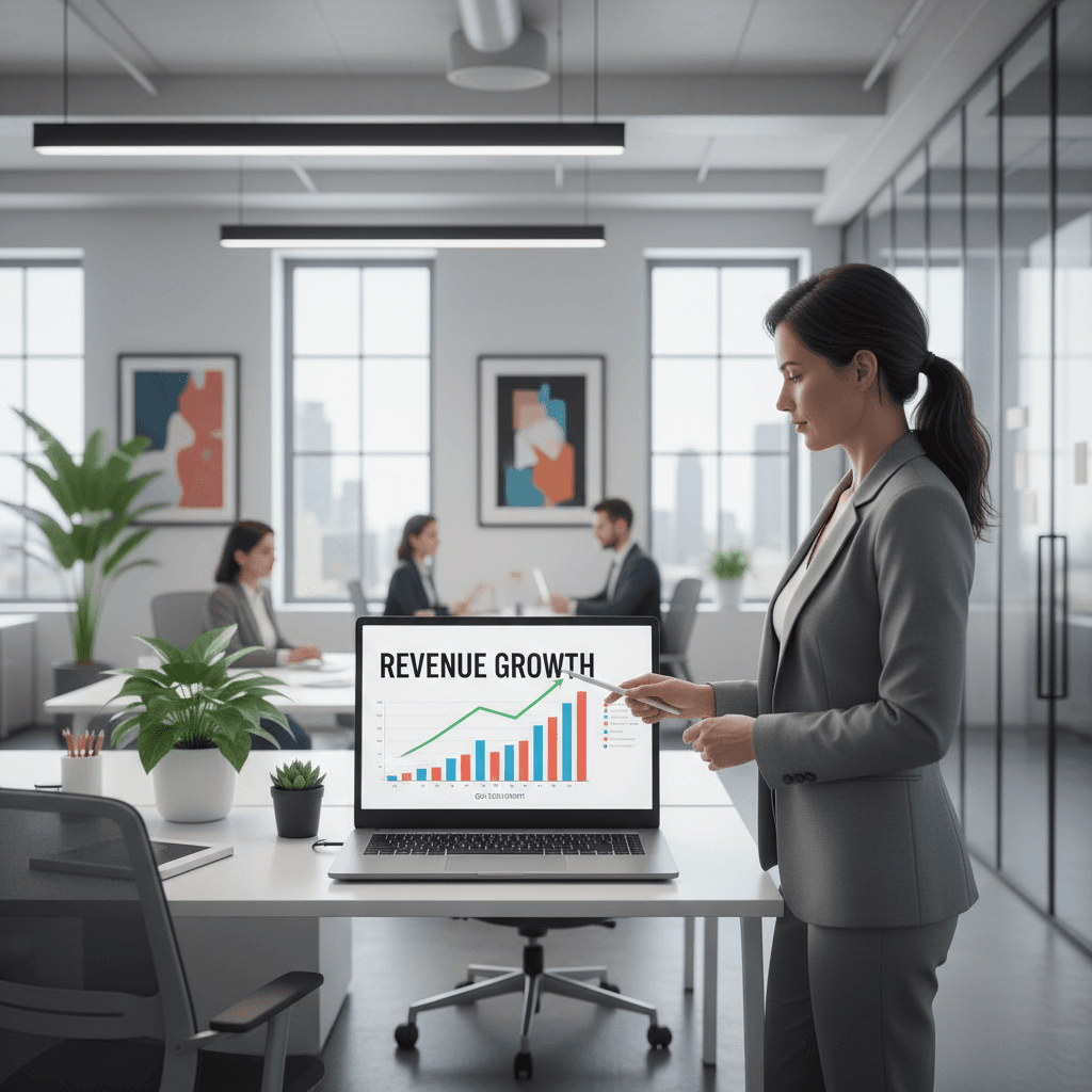 Marketing strategist presenting growth charts on a laptop