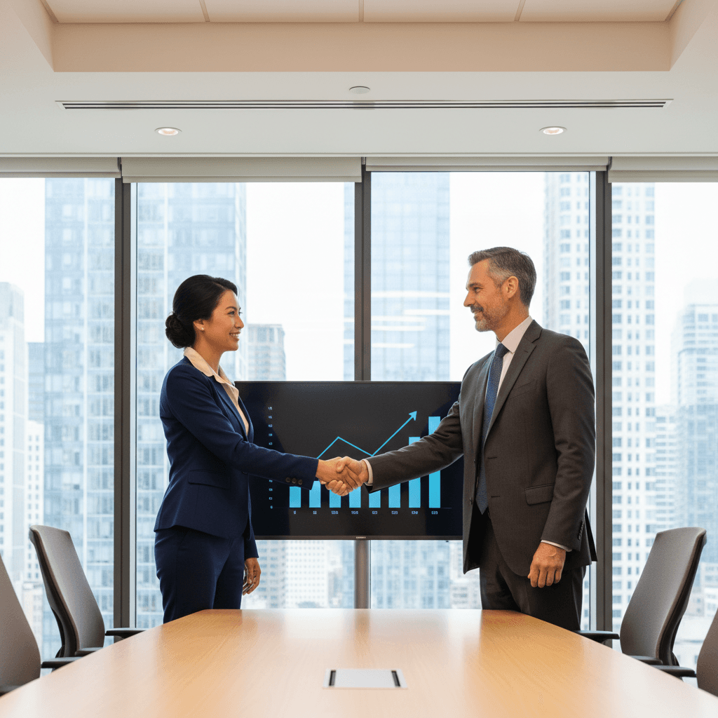 Professional handshake between two business partners in a meeting room