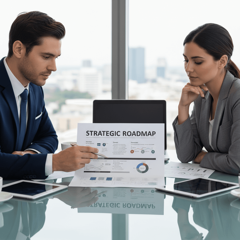 Two professionals reviewing a strategic roadmap document together