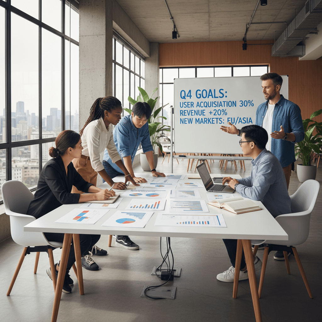 Startup team reviewing strategy documents in a bright office