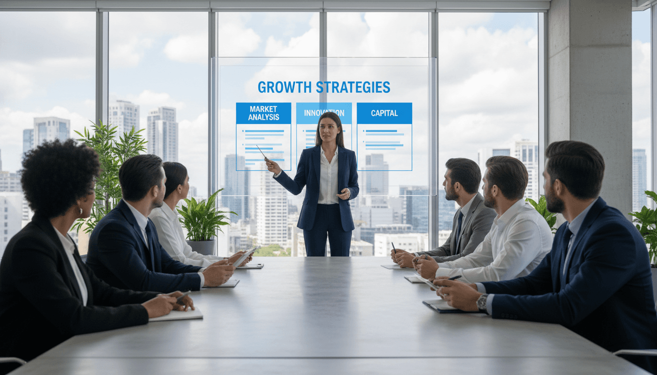 Business advisor presenting market strategy to entrepreneurs