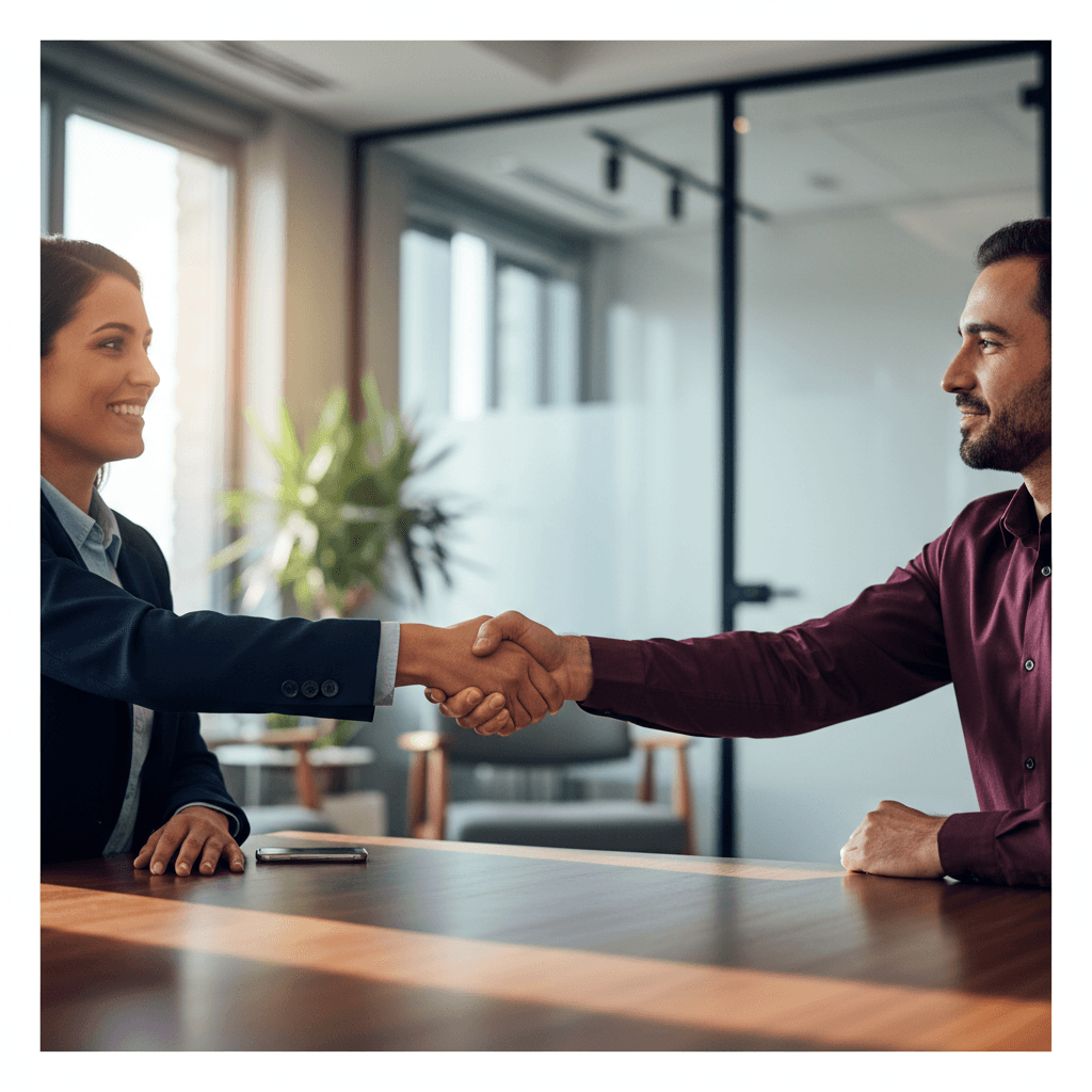 Handshake between business partners in a modern office