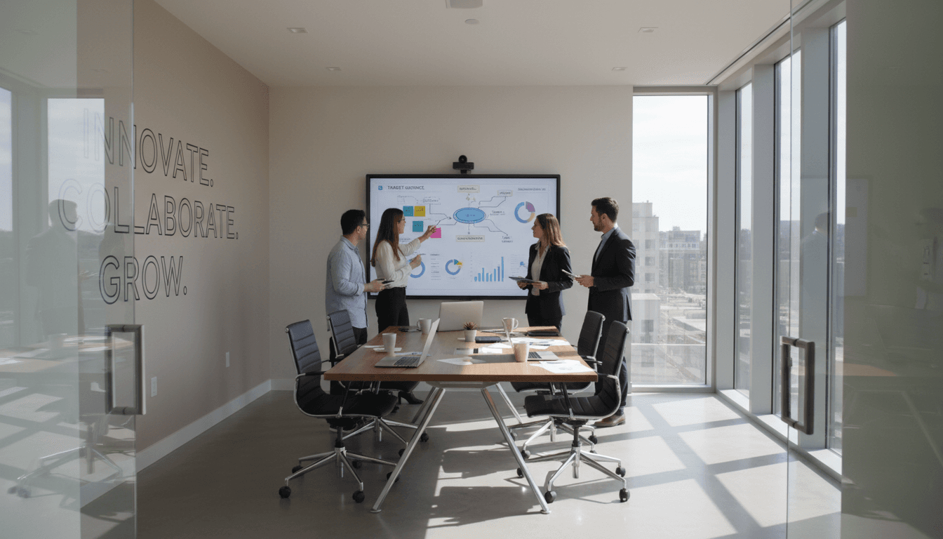 Startup team in a meeting room with data charts on a screen, working on strategic marketing