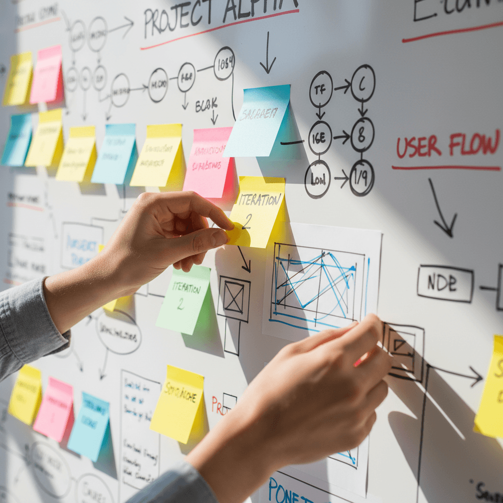 Hand sketching a market entry roadmap on a whiteboard with sticky notes