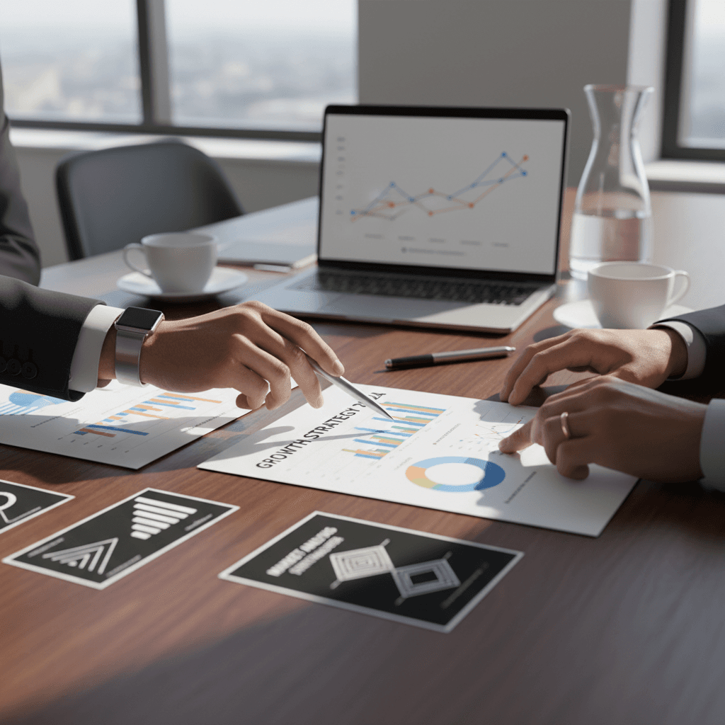 Two professionals discussing strategy documents at a modern office table