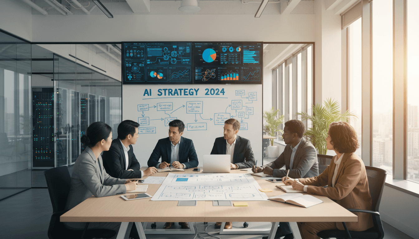Two AI startup founders in a bright office reviewing business strategy on a laptop