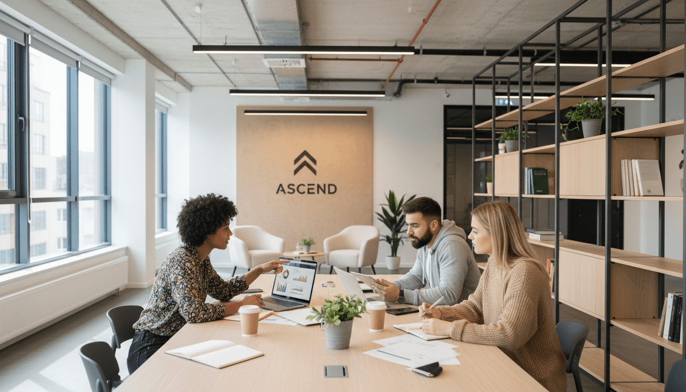 Diverse team collaborating around a table with laptops in a modern startup office